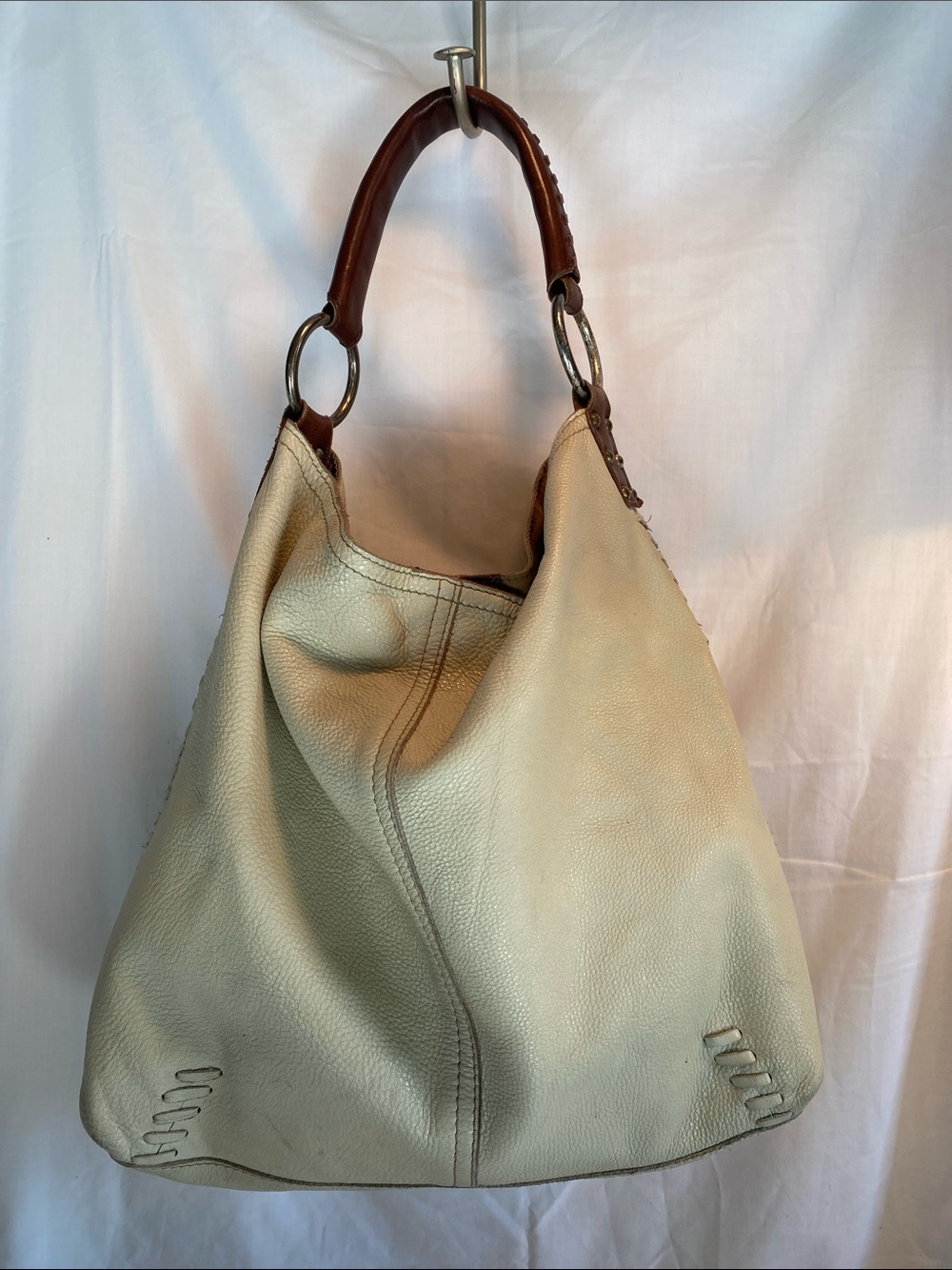 Lucky Brand Leather Hobo Shoulder Bag in Cream with Brown Handle